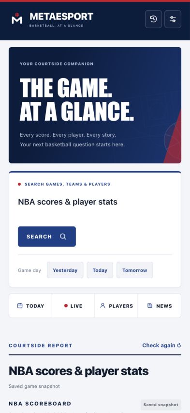 Metaesport app showing basketball search, game-day choices, and scores navigation